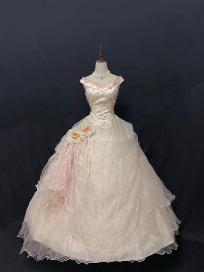 Cute Ball Gown V Neck Pink Tulle Long With Flowers Quince Dress inspo Quinceanera Dresses Formal 18th Birthday Outfit RB7900
