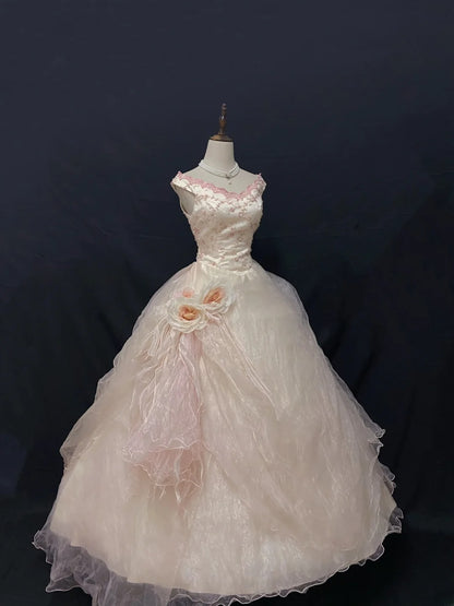 Cute Ball Gown V Neck Pink Tulle Long With Flowers Quince Dress inspo Quinceanera Dresses Formal 18th Birthday Outfit RB7900