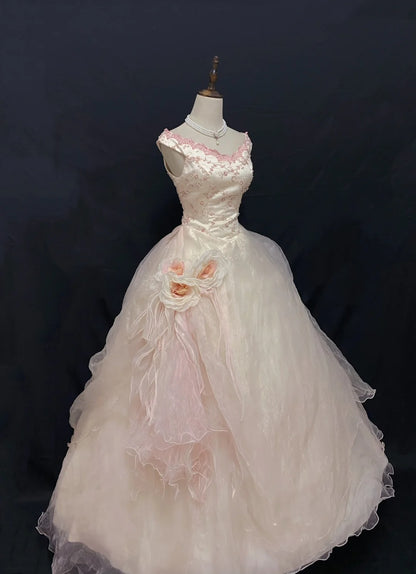 Cute Ball Gown V Neck Pink Tulle Long With Flowers Quince Dress inspo Quinceanera Dresses Formal 18th Birthday Outfit RB7900