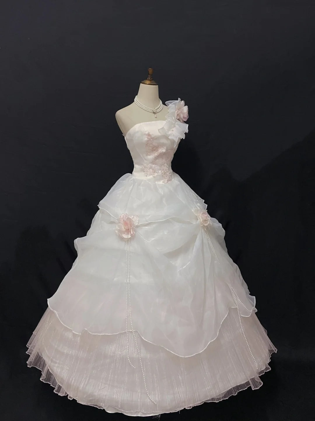Cute Ball Gown One Shoulder Pink Tulle Long With Flowers Quince Dress inspo Quinceanera Dresses Formal 18th Birthday Outfit RB7901