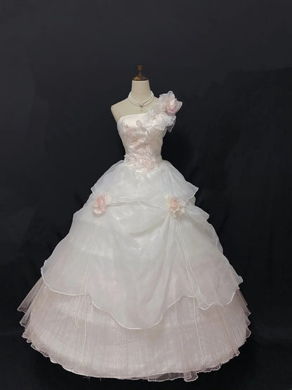Cute Ball Gown One Shoulder Pink Tulle Long With Flowers Quince Dress inspo Quinceanera Dresses Formal 18th Birthday Outfit RB7901