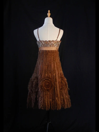 Vintage A-Linien-Kleid mit Spaghettiträgern, braunem Tüll und Spitze, ideal für den 18. Geburtstag, den Abschlussball oder als Cocktailkleid (AS445)
