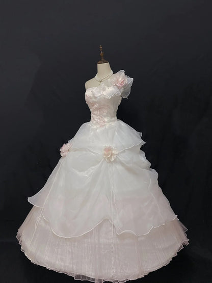 Cute Ball Gown One Shoulder Pink Tulle Long With Flowers Quince Dress inspo Quinceanera Dresses Formal 18th Birthday Outfit RB7901