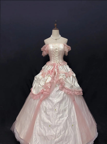 Cute Ball Gown Off The Shoulder Pink Tulle Long With Lace Quince Dress inspo Quinceanera Dresses Formal 18th Birthday Outfit RB7902