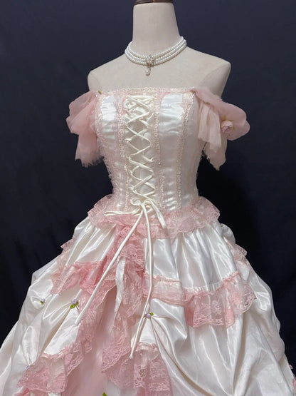 Cute Ball Gown Off The Shoulder Pink Tulle Long With Lace Quince Dress inspo Quinceanera Dresses Formal 18th Birthday Outfit RB7902