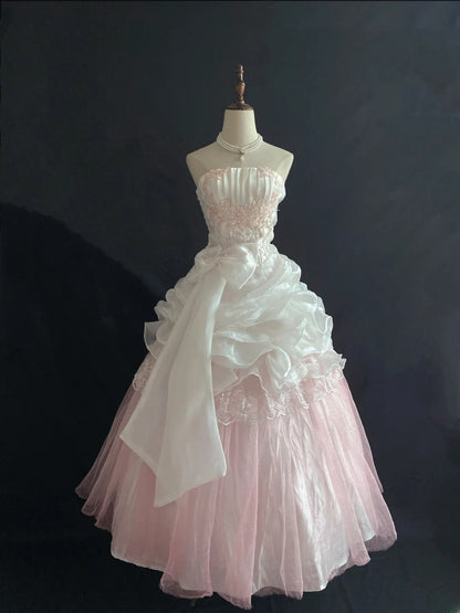 Princesses Ball Gown Strapless Pink Tulle Long With Lace Bow-knot Quince Dress inspo Quinceanera Dresses Formal 18th Birthday Outfit RB7903