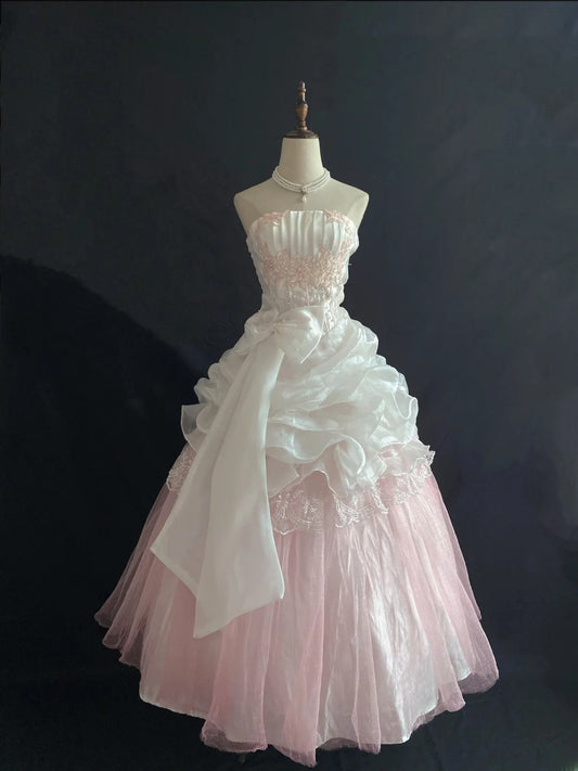 Princesses Ball Gown Strapless Pink Tulle Long With Lace Bow-knot Quince Dress inspo Quinceanera Dresses Formal 18th Birthday Outfit RB7903