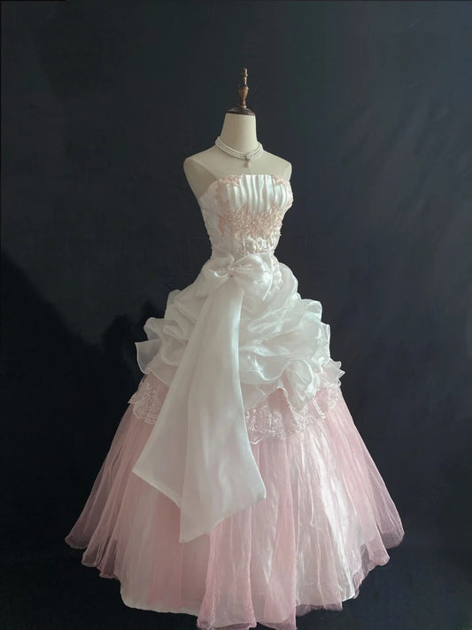 Princesses Ball Gown Strapless Pink Tulle Long With Lace Bow-knot Quince Dress inspo Quinceanera Dresses Formal 18th Birthday Outfit RB7903