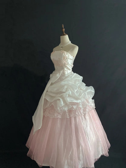 Princesses Ball Gown Strapless Pink Tulle Long With Lace Bow-knot Quince Dress inspo Quinceanera Dresses Formal 18th Birthday Outfit RB7903