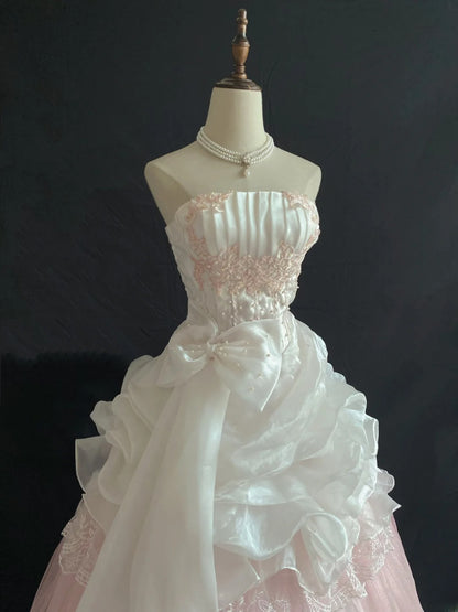 Princesses Ball Gown Strapless Pink Tulle Long With Lace Bow-knot Quince Dress inspo Quinceanera Dresses Formal 18th Birthday Outfit RB7903