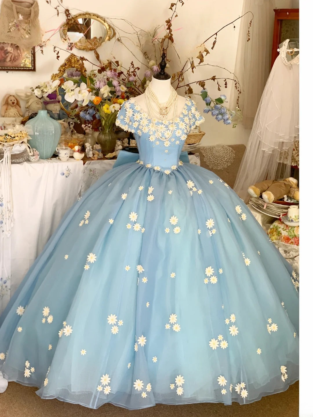 Prom Dress Elegant Ball Gown Blue Tulle With Flowers Formal Evening Gown for Graduation Party RB9442