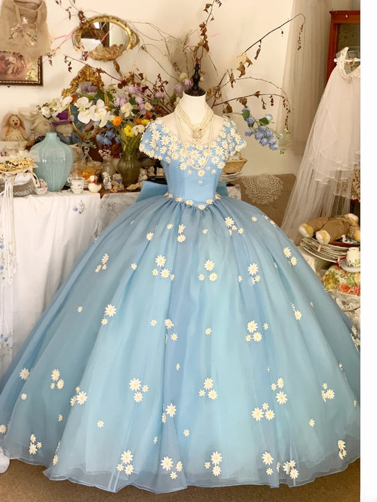 Prom Dress Elegant Ball Gown Blue Tulle With Flowers Formal Evening Gown for Graduation Party RB9442