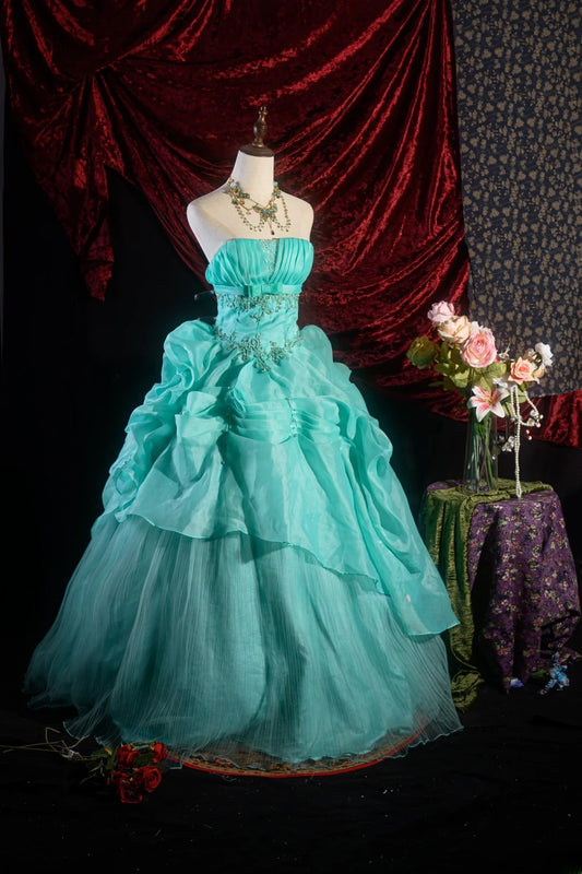 Hübsches trägerloses blaues Quinceanera-Ballkleid mit Applikationen für die Feier zum 15. Geburtstag, formelles Kleid RB8623