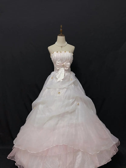 Princesses Ball Gown Strapless Pink Tulle Long With Beading Bow-knot Quince Dress inspo Quinceanera Dresses Formal 18th Birthday Outfit RB7904