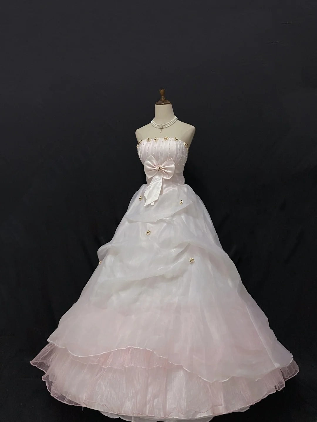 Princesses Ball Gown Strapless Pink Tulle Long With Beading Bow-knot Quince Dress inspo Quinceanera Dresses Formal 18th Birthday Outfit RB7904