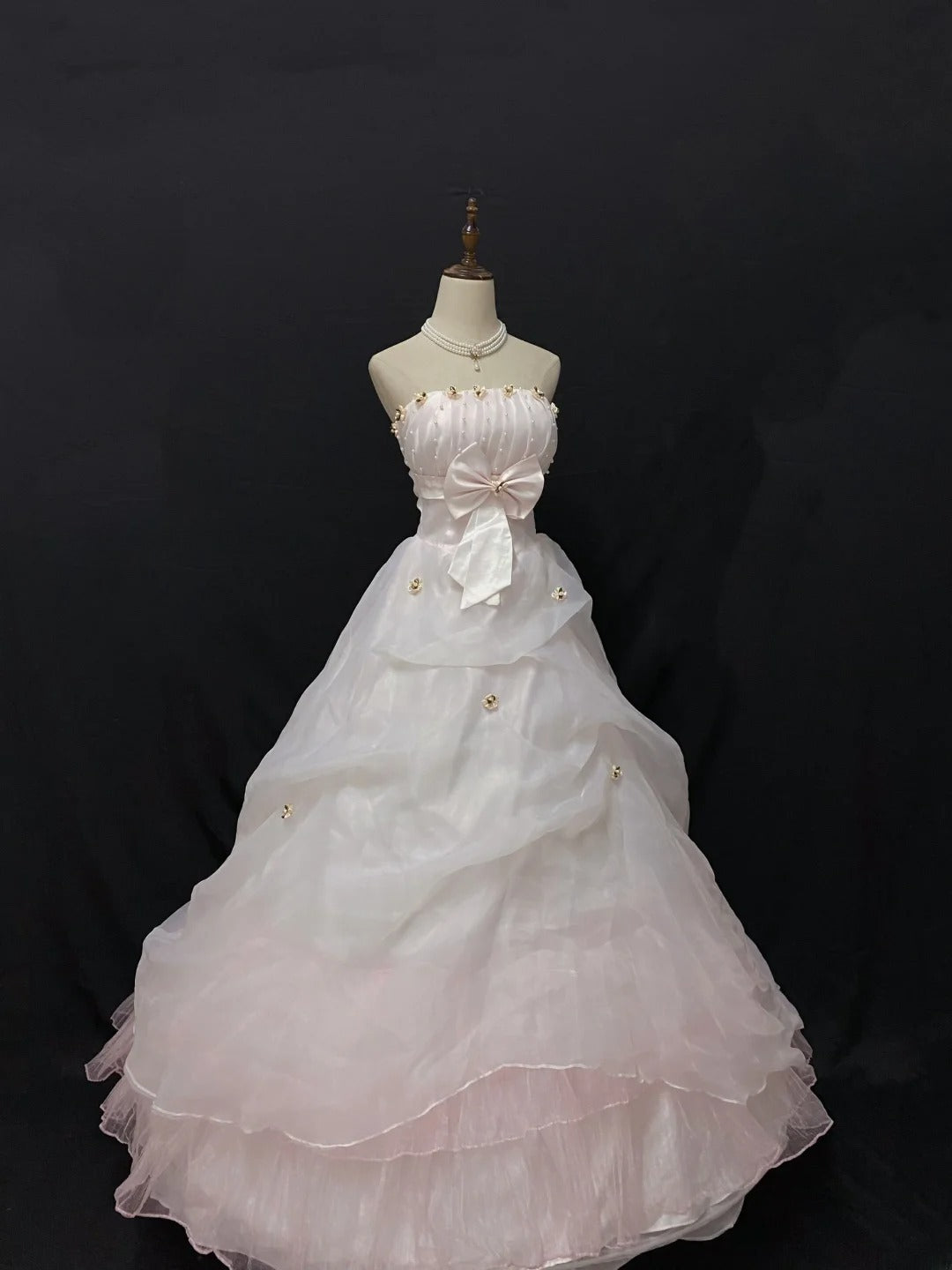 Princesses Ball Gown Strapless Pink Tulle Long With Beading Bow-knot Quince Dress inspo Quinceanera Dresses Formal 18th Birthday Outfit RB7904