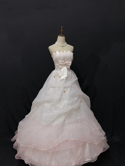 Princesses Ball Gown Strapless Pink Tulle Long With Beading Bow-knot Quince Dress inspo Quinceanera Dresses Formal 18th Birthday Outfit RB7904