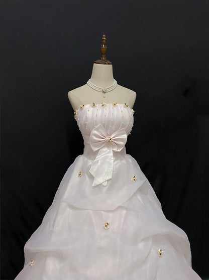 Princesses Ball Gown Strapless Pink Tulle Long With Beading Bow-knot Quince Dress inspo Quinceanera Dresses Formal 18th Birthday Outfit RB7904