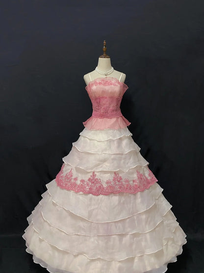 Princesses Ball Gown Spaghetti Straps Pink Chiffon Long With Tiered Layers Quince Dress inspo Quinceanera Dresses Formal 18th Birthday Outfit RB7905