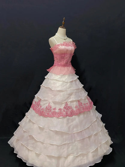 Princesses Ball Gown Spaghetti Straps Pink Chiffon Long With Tiered Layers Quince Dress inspo Quinceanera Dresses Formal 18th Birthday Outfit RB7905