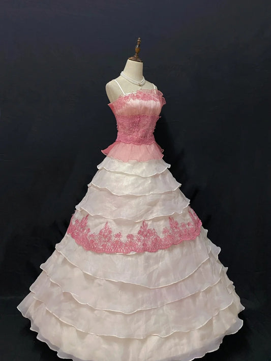 Princesses Ball Gown Spaghetti Straps Pink Chiffon Long With Tiered Layers Quince Dress inspo Quinceanera Dresses Formal 18th Birthday Outfit RB7905