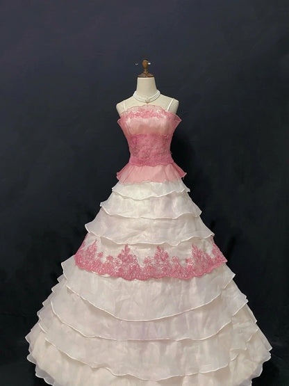 Princesses Ball Gown Spaghetti Straps Pink Chiffon Long With Tiered Layers Quince Dress inspo Quinceanera Dresses Formal 18th Birthday Outfit RB7905