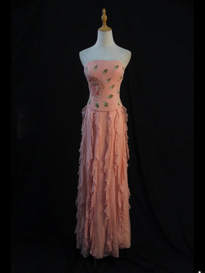Retro-Abendkleid im Stil der 1950er Jahre: A-Linie, trägerlos, rosa Chiffon mit Perlen, langes Kleid – Inspiration für das Outfit zum 22. Geburtstag, formelles Kleid AS449