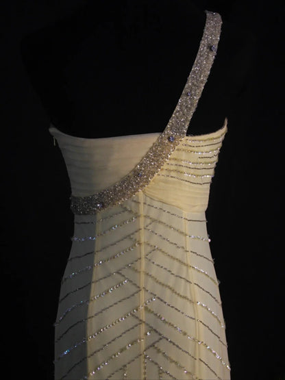 Retro-Meerjungfrauenkleid aus gelbem Chiffon im Stil der 1950er-Jahre mit silbernen Perlen, asymmetrischem Schnitt, langes Abendkleid, Inspiration für den 22. Geburtstag, formelles Kleid AS450