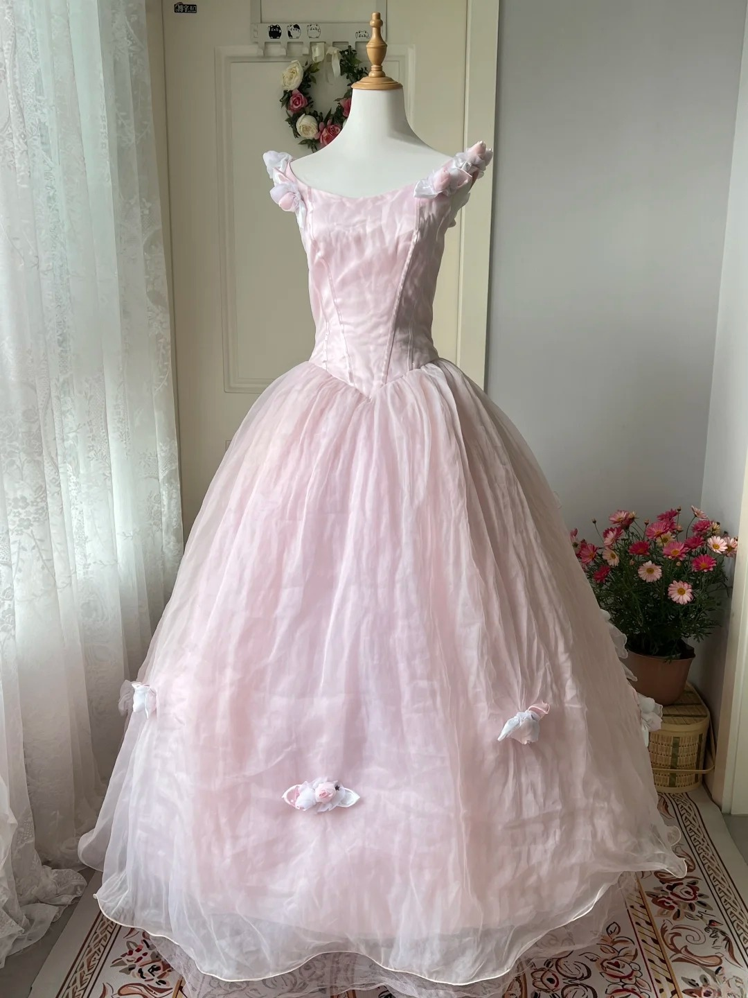 Elegante Abschlussballkleider Ballkleid Rosa mit Blumen Tüll Lang Abschlussfeier Tanz-Outfits RC0767