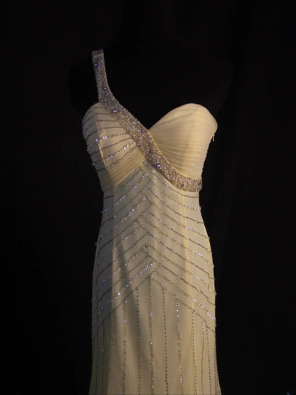 Retro-Meerjungfrauenkleid aus gelbem Chiffon im Stil der 1950er-Jahre mit silbernen Perlen, asymmetrischem Schnitt, langes Abendkleid, Inspiration für den 22. Geburtstag, formelles Kleid AS450