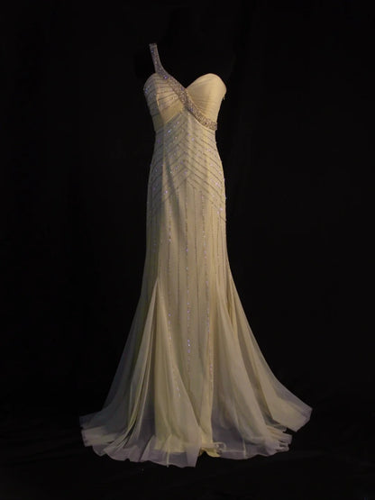 Retro-Meerjungfrauenkleid aus gelbem Chiffon im Stil der 1950er-Jahre mit silbernen Perlen, asymmetrischem Schnitt, langes Abendkleid, Inspiration für den 22. Geburtstag, formelles Kleid AS450