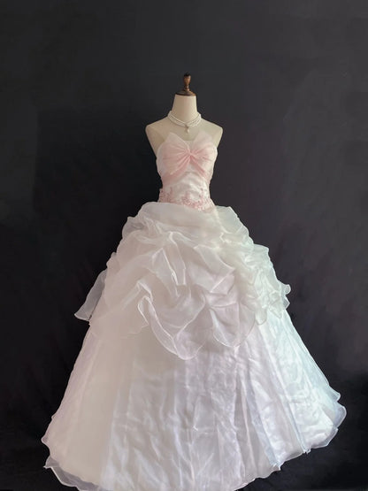 Aesthetic Ball Gown Strapless Pink Organza Long With Appliqued Quince Dress inspo Quinceanera Dresses Formal 18th Birthday Outfit RB7907