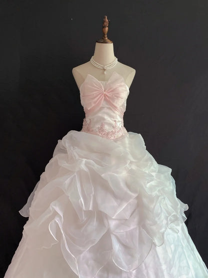 Aesthetic Ball Gown Strapless Pink Organza Long With Appliqued Quince Dress inspo Quinceanera Dresses Formal 18th Birthday Outfit RB7907