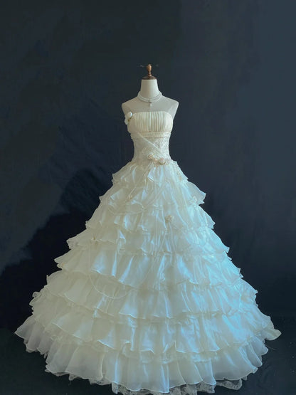 Aesthetic Ball Gown Strapless Organza Long With Tiered Layers Appliqued Quince Dress inspo Quinceanera Dresses Formal 18th Birthday Outfit RB7908