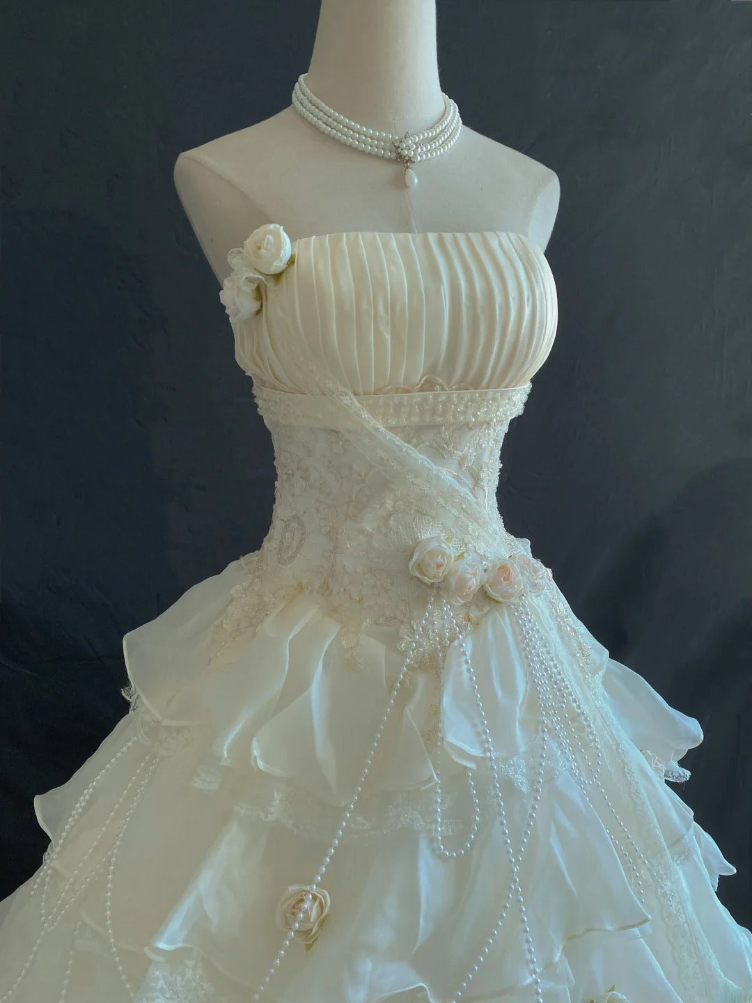 Aesthetic Ball Gown Strapless Organza Long With Tiered Layers Appliqued Quince Dress inspo Quinceanera Dresses Formal 18th Birthday Outfit RB7908