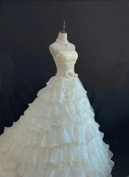 Aesthetic Ball Gown Strapless Organza Long With Tiered Layers Appliqued Quince Dress inspo Quinceanera Dresses Formal 18th Birthday Outfit RB7908