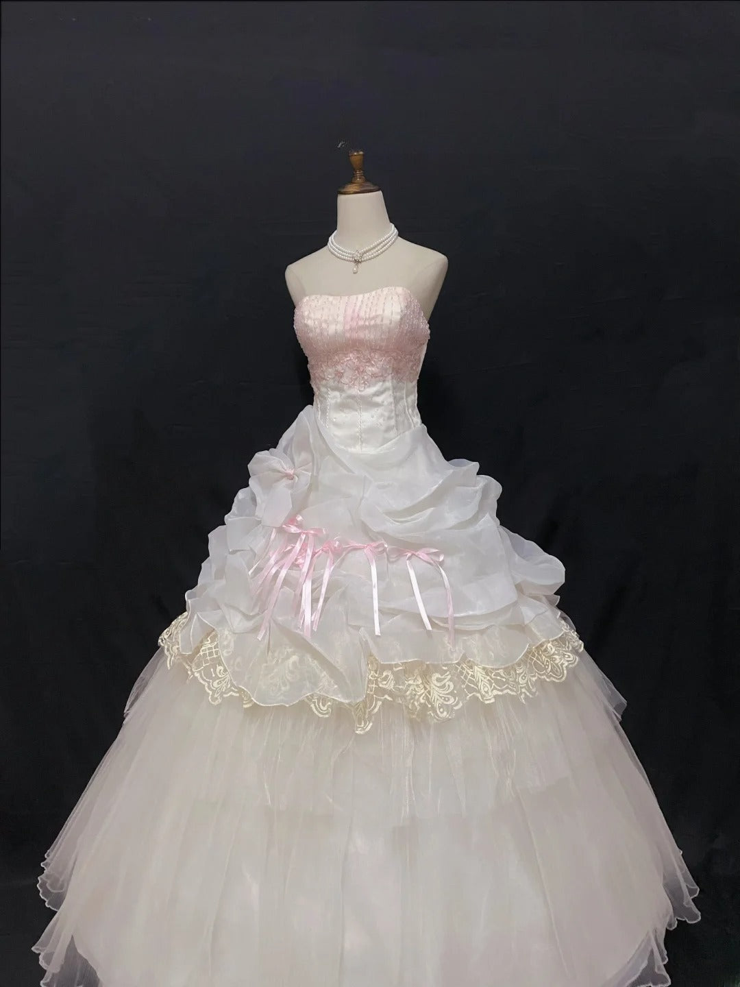 Aesthetic Ball Gown Strapless Pink Tulle Long With Tiered Layers Appliqued Quince Dress inspo Quinceanera Dresses Formal 18th Birthday Outfit RB7909