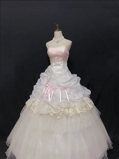 Aesthetic Ball Gown Strapless Pink Tulle Long With Tiered Layers Appliqued Quince Dress inspo Quinceanera Dresses Formal 18th Birthday Outfit RB7909