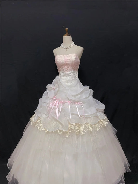 Aesthetic Ball Gown Strapless Pink Tulle Long With Tiered Layers Appliqued Quince Dress inspo Quinceanera Dresses Formal 18th Birthday Outfit RB7909