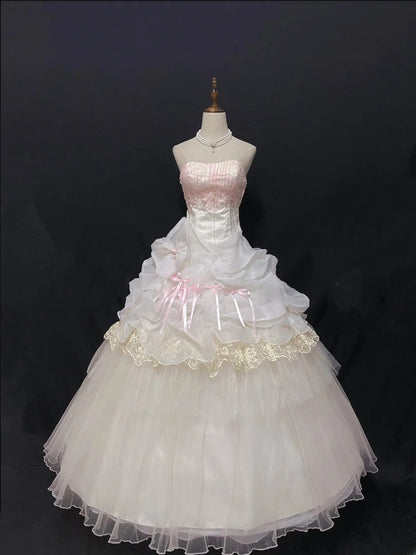 Aesthetic Ball Gown Strapless Pink Tulle Long With Tiered Layers Appliqued Quince Dress inspo Quinceanera Dresses Formal 18th Birthday Outfit RB7909