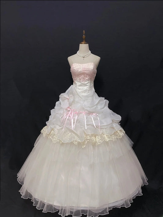 Aesthetic Ball Gown Strapless Pink Tulle Long With Tiered Layers Appliqued Quince Dress inspo Quinceanera Dresses Formal 18th Birthday Outfit RB7909