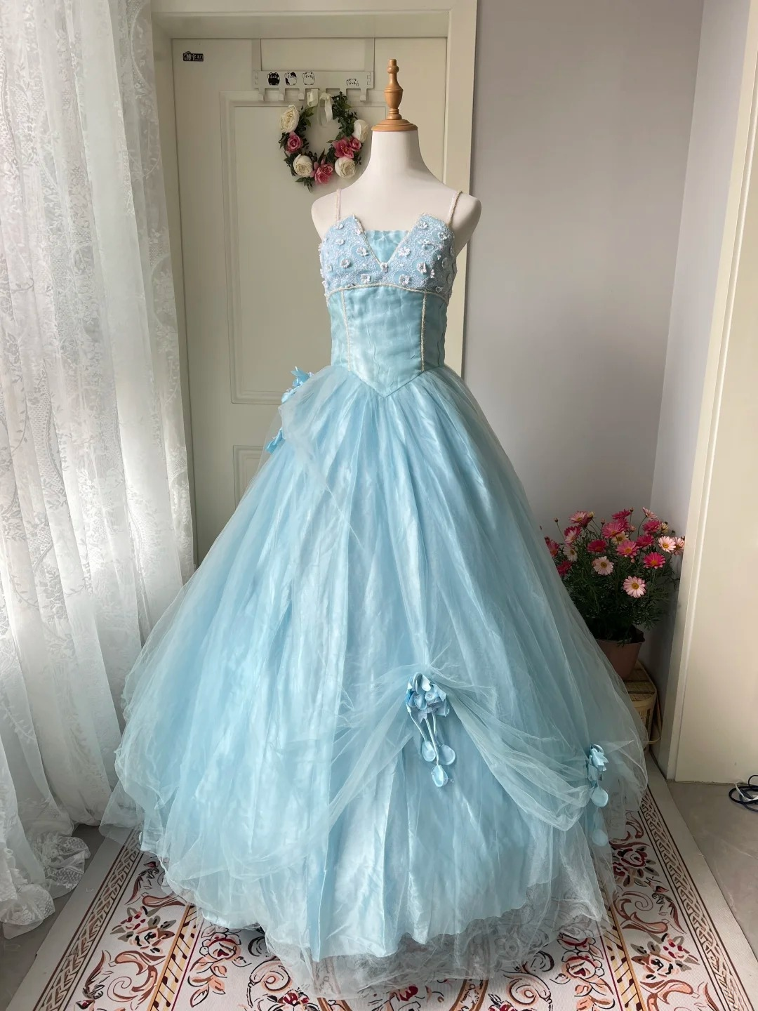Sweet 15 Dress Quinceanera Dresses Ball Gown Spaghetti Straps Blue With Flowers Long 16th Birthday Outfits RC0770