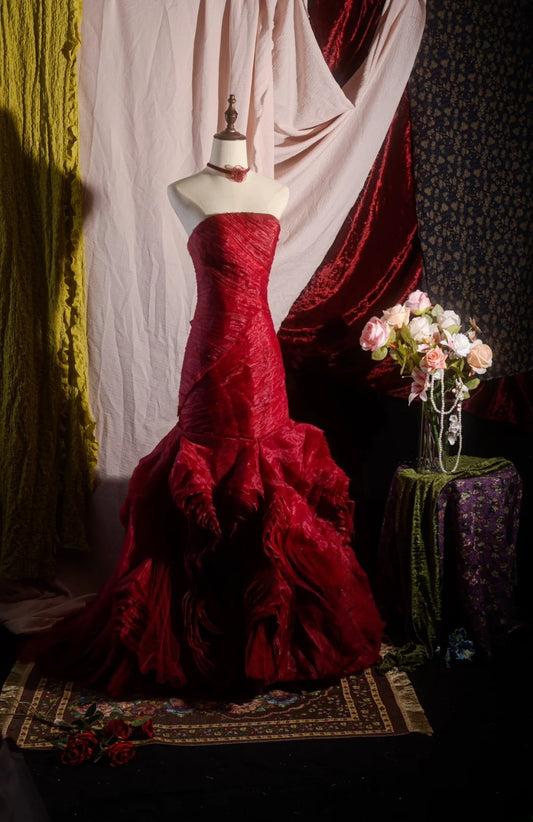 Classic Mermaid Strapless Red Tulle Sweet 16 Long Prom Dress Inspiration Party Senior Dance Prom Dresses RB8626