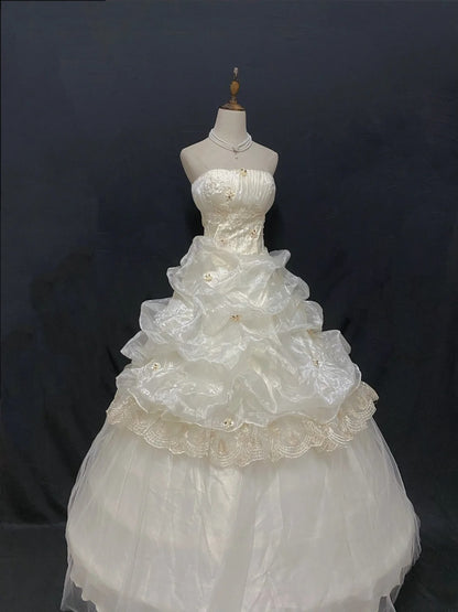 Aesthetic Ball Gown Strapless Organza Ivory Long With Tiered Layers Appliqued Quince Dress inspo Quinceanera Dresses Formal 18th Birthday Outfit RB7910