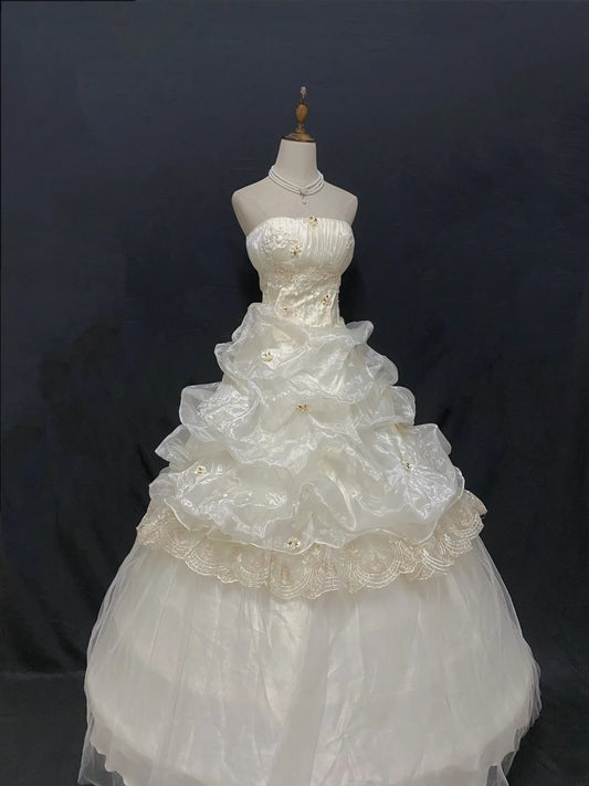 Aesthetic Ball Gown Strapless Organza Ivory Long With Tiered Layers Appliqued Quince Dress inspo Quinceanera Dresses Formal 18th Birthday Outfit RB7910