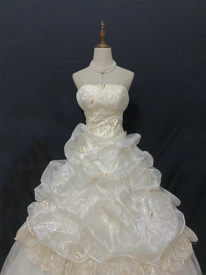 Aesthetic Ball Gown Strapless Organza Ivory Long With Tiered Layers Appliqued Quince Dress inspo Quinceanera Dresses Formal 18th Birthday Outfit RB7910