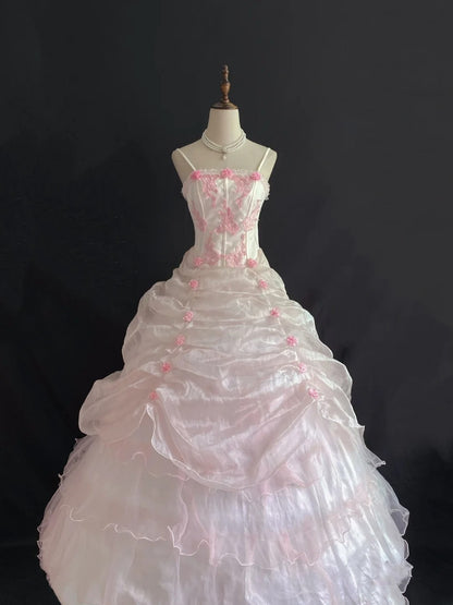 Princesses Ball Gown Spaghetti Straps Pink Tulle Long With Tiered Layers Flowers Quince Dress inspo Quinceanera Dresses Formal 16th Birthday Outfit RB7911