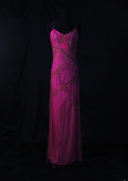 Vintage A-Linien-Kleid mit Spaghettiträgern, fuchsiafarben, 70er-Jahre-Stil, mit Perlen, langes Ballkleid, Inspiration für den 18. Geburtstag, formelles Kleid für Damen AS455