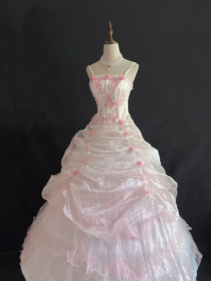 Princesses Ball Gown Spaghetti Straps Pink Tulle Long With Tiered Layers Flowers Quince Dress inspo Quinceanera Dresses Formal 16th Birthday Outfit RB7911