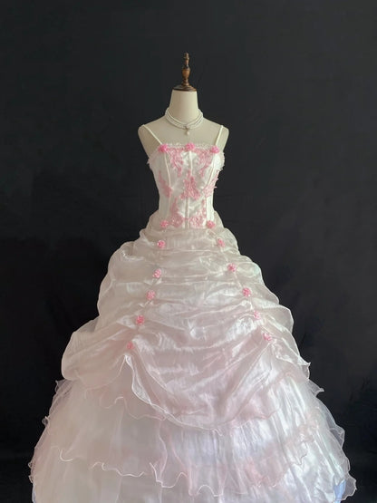 Princesses Ball Gown Spaghetti Straps Pink Tulle Long With Tiered Layers Flowers Quince Dress inspo Quinceanera Dresses Formal 16th Birthday Outfit RB7911
